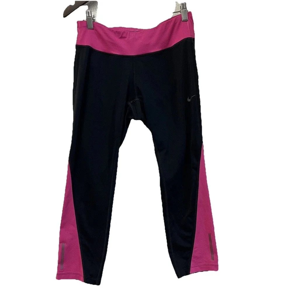 Nike‎ Dri-FIT Running Leggings Womens Medium Black Pink Cropped Zipper Pocket
